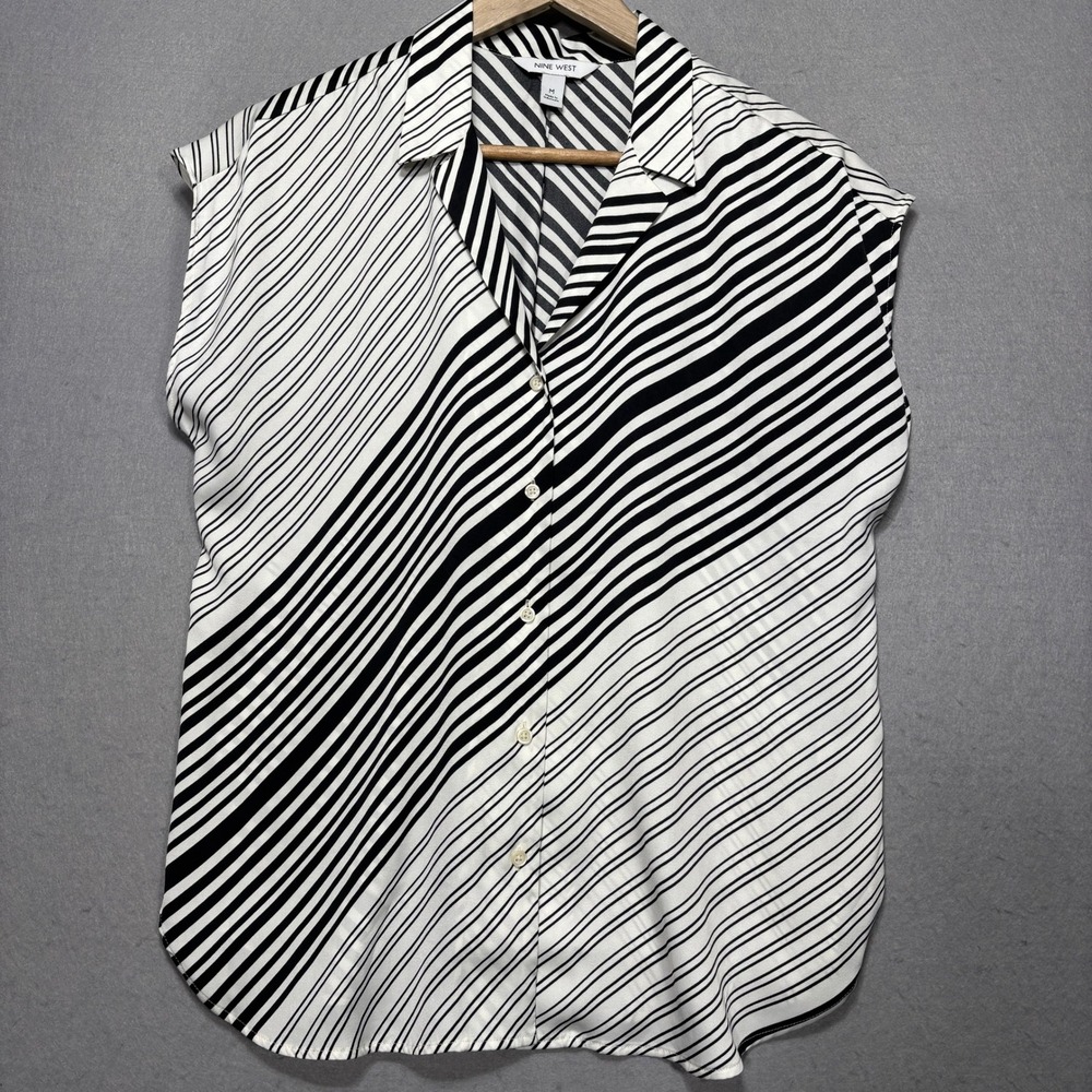 NINE WEST Womens Sleeveless Button Front Blouse Black White‎ Stripe Shirt Top M